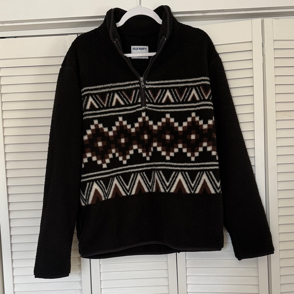 Old Navy Men's Black and Brown Geometric Zip-Up Fleece
